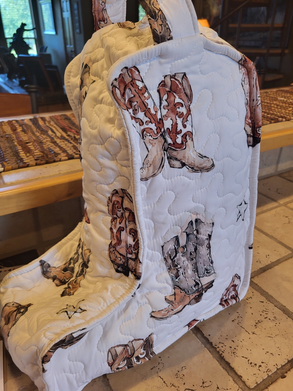 Westetn Boot Bag White Tote with Western Boot Print